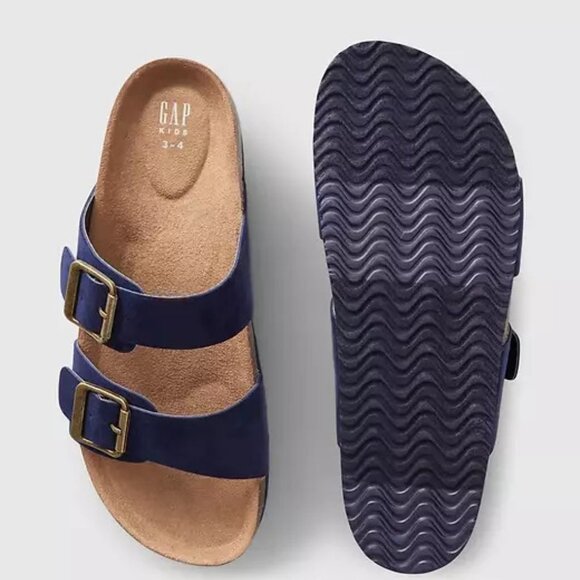 NWT Gap Kids Navy Blue Double Buckle Cork Sandals Shoes slides slippers Sz 3-4 - Picture 2 of 15